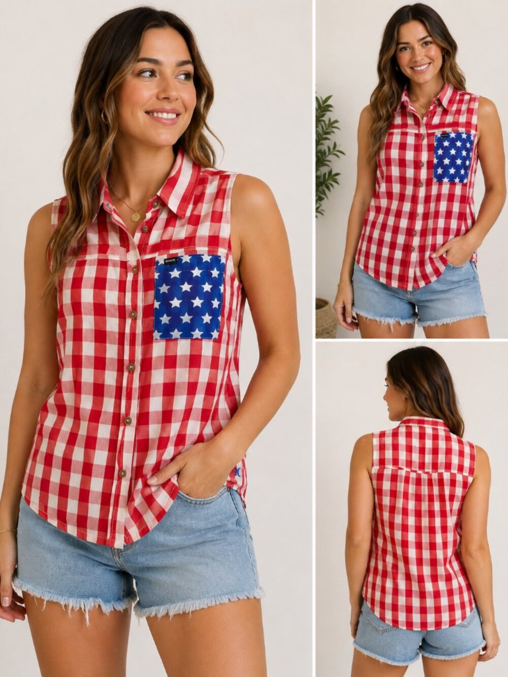 NWT Hurley Women's Medium Patriotic Red White Blue Plaid Sleeveless Top